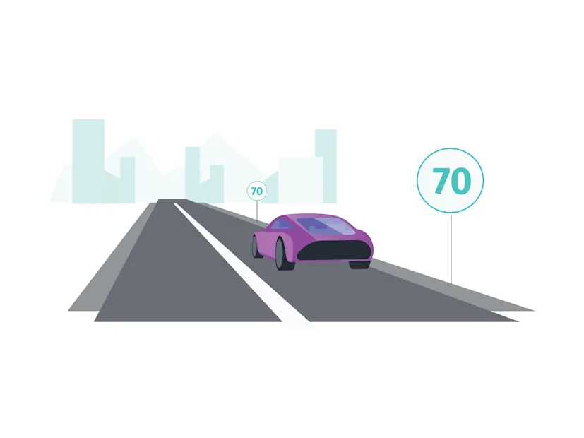 An illustration of a car driving on a highway.