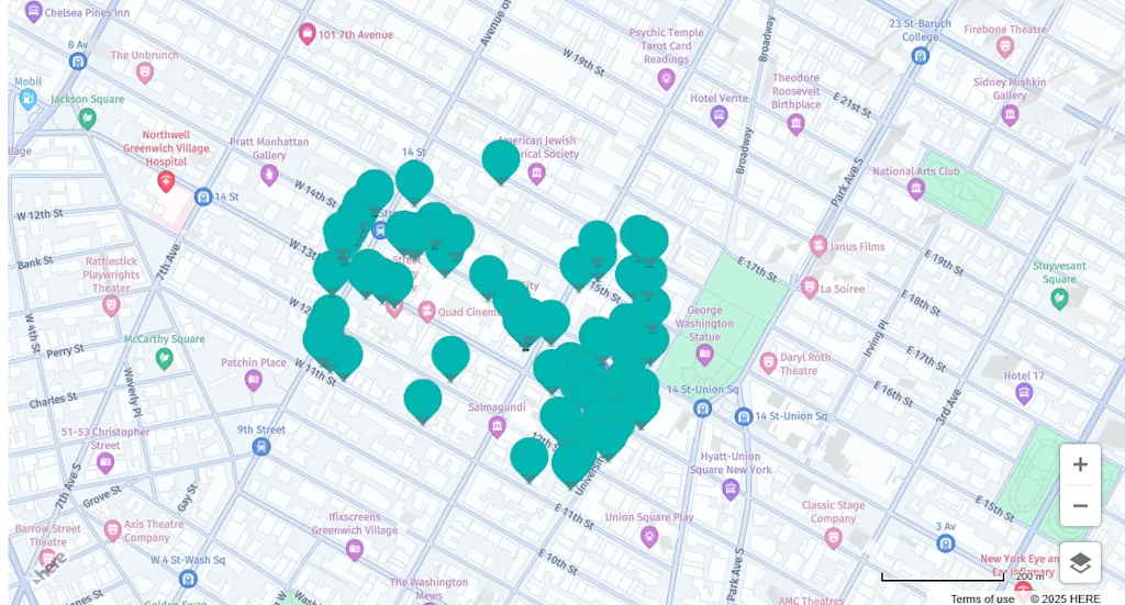 POIs Queried in the initial location and represented on the map with HERE Maps default markers