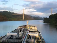 A container ship travels through the Panama Canal.
