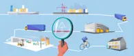 A graphic illustrating the supply chain journey: a container ship, port, truck, warehouse, truck, distribution center, bike, house — a hand holding a magnifying glass floats above the supply chain, identifying the source of possible disruption.