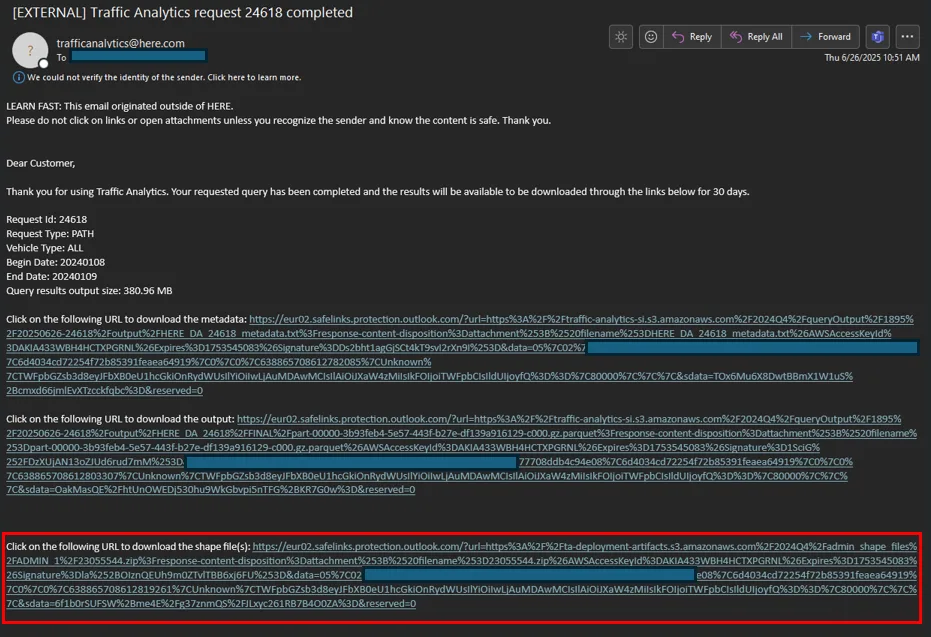 Traffic Analytics email - New link for map download highlighted