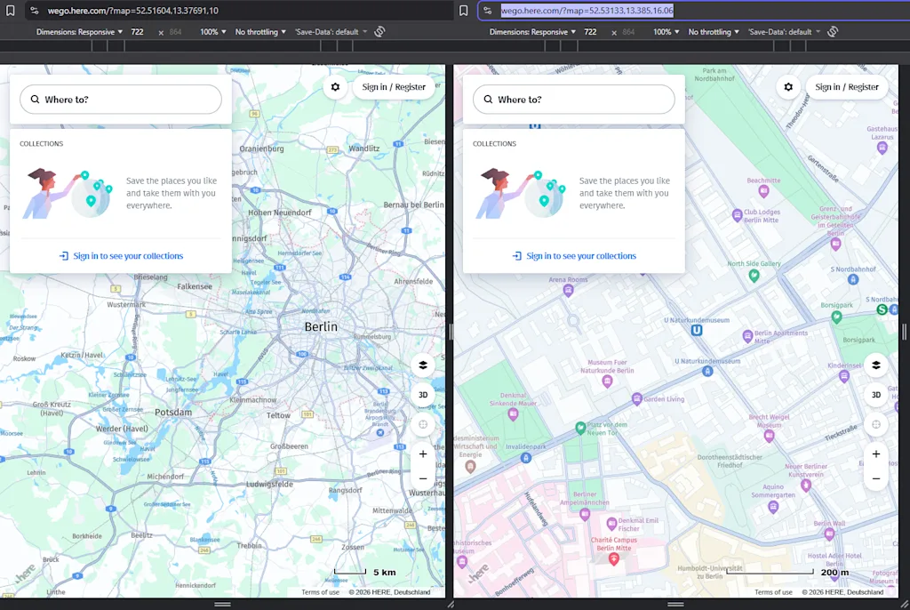 changing of coordinates and zoom level in the browser hypelrink