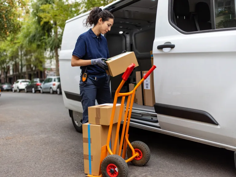 van woman driver delivery package parcel fleet management