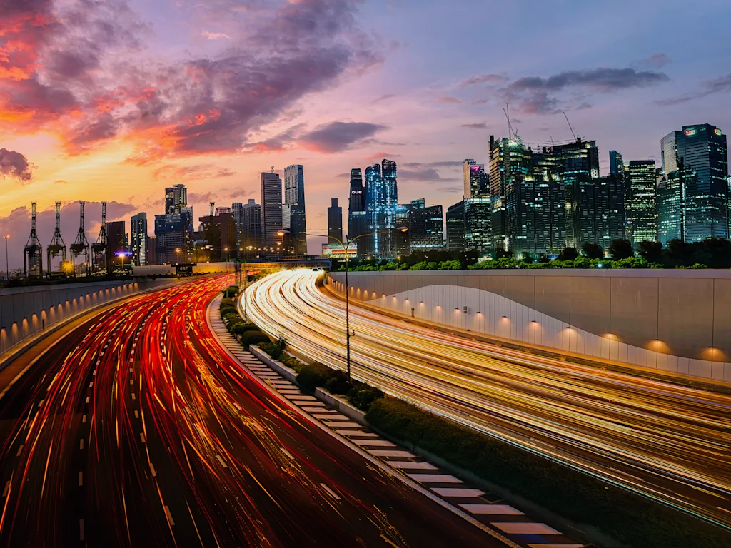 A view of city traffic traveling through Singapore.