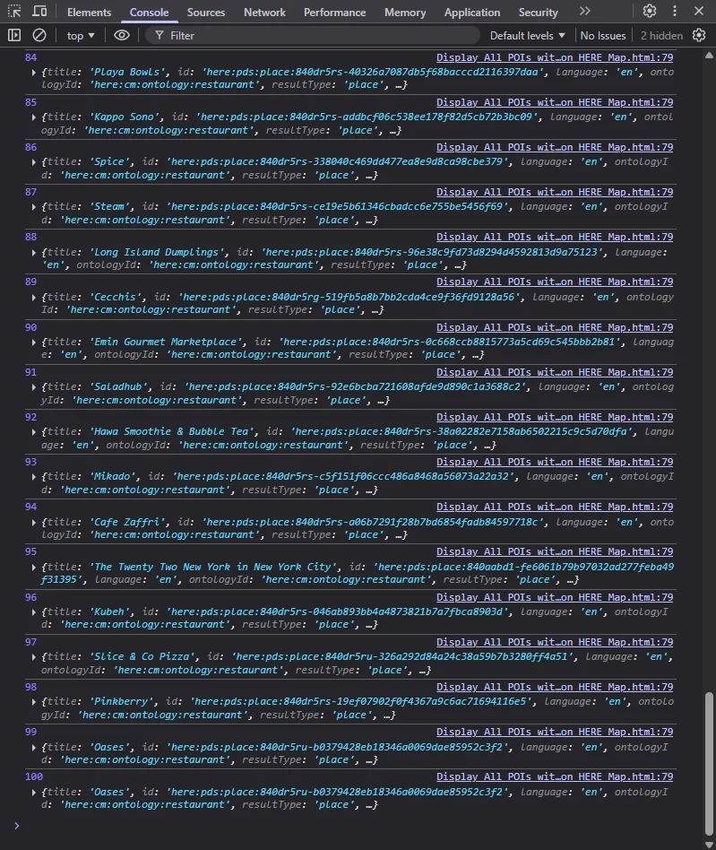 POIs Queried in the initial location and represented on the map with HERE Maps default markers console log