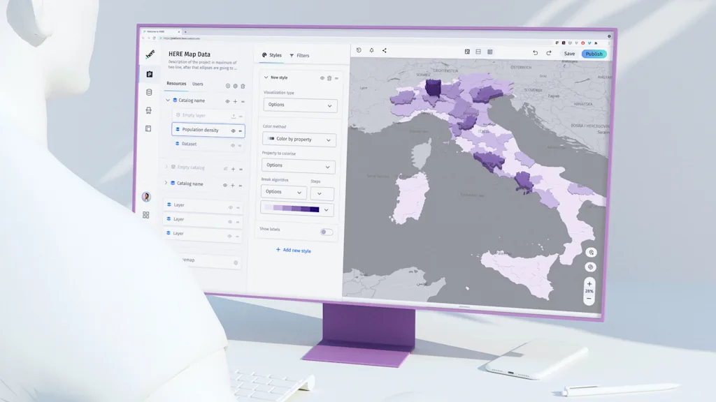graphic depicting HERE Map Data in action on monitor